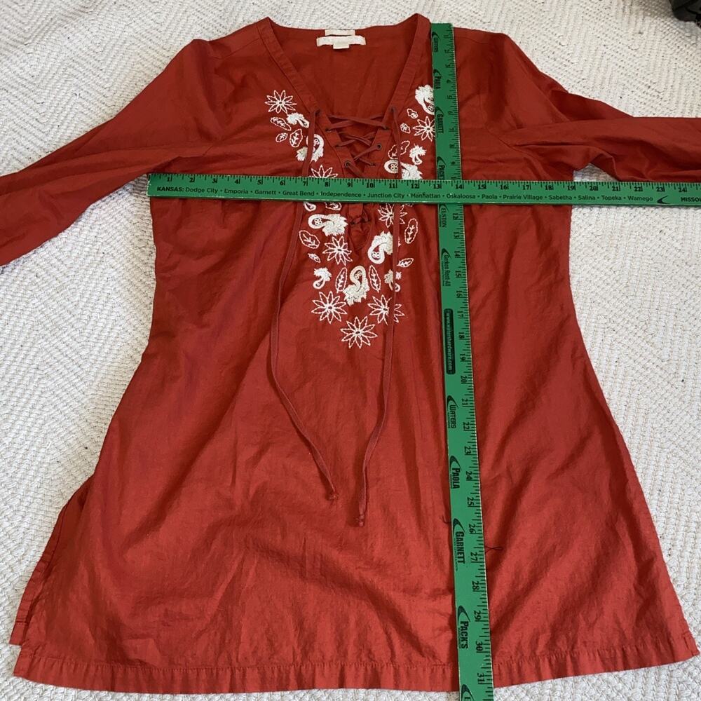 Old Navy Terracotta Floral Embroidered Peasant Top Lace Up V-Neck Large - Picture 5 of 8